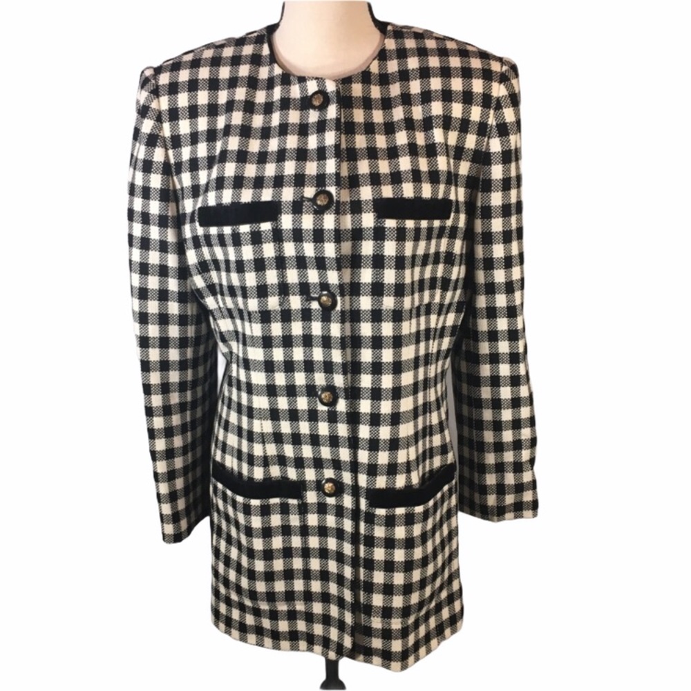 Vintage Union Made Liz Claiborne Wool Black & White Plaid Blazer Jacket Size 10